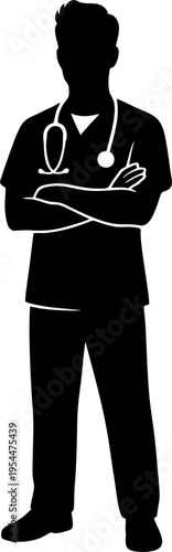 Confident Male Nurse Silhouette with Stethoscope Vector