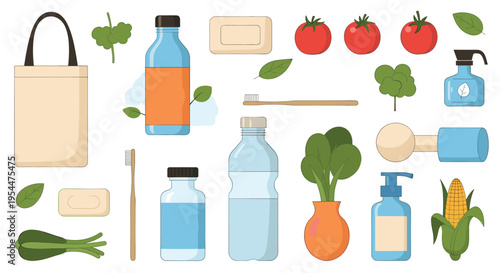Large collection of sustainable items like a cloth bag glass bottles bamboo toothbrushes bar soap and fresh organic vegetables.