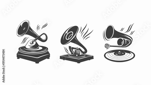 Three vintage gramophones emitting musical waves, vector illustration on white background