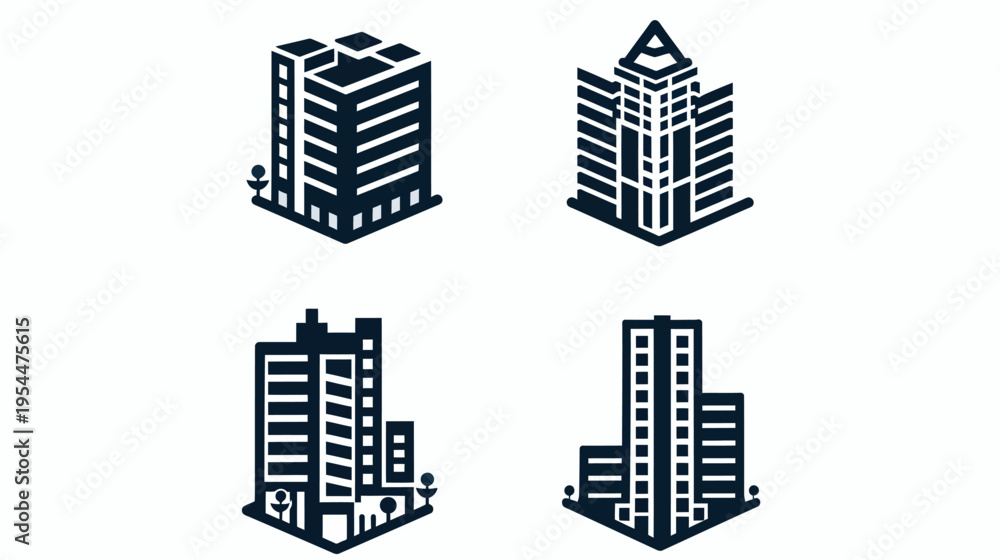 Fototapeta premium Four various city buildings, simplified graphic icons, dark blue outline on white