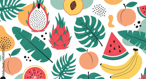 Vibrant seamless pattern with various tropical fruits like dragon fruit watermelon banana peach and papaya with green leaves.