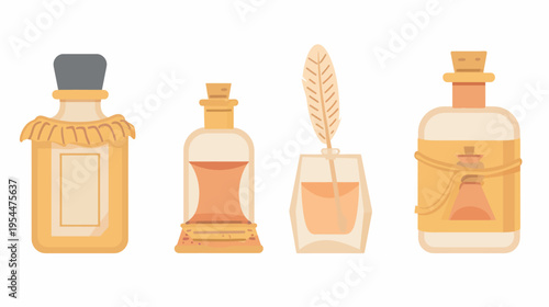 Four beige potion bottles, one holding a feather, against a white background, flat design