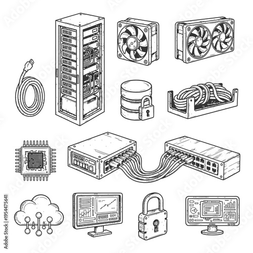 Hand-Drawn Server Room and Network Technology Equipment