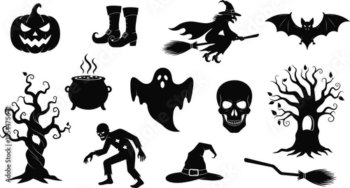 Halloween silhouette icons set featuring pumpkin, witch, ghost, bat, skull and spooky elements in classic black horror illustration