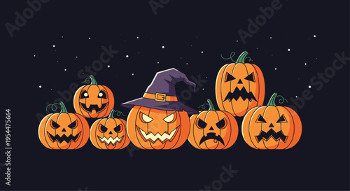 Set of spooky carved Halloween pumpkins with various expressions and a witch hat against a dark starry night background.