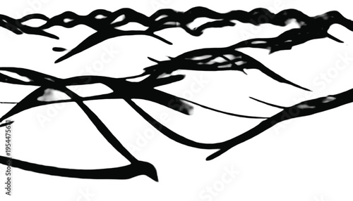 Abstract black ink brush strokes create a dynamic, chaotic pattern against a stark white background.