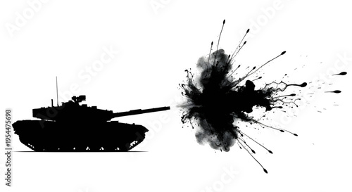 Military Tank Silhouette Firing with Black Ink Splatter Explosion Effect