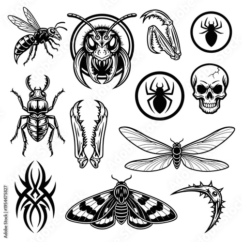 Horror Style Aggressive Insects and Skull Vector Icons