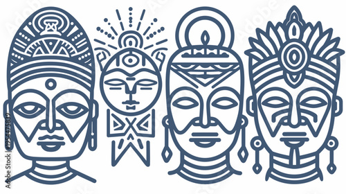 Four abstracted faces with ornate headdresses, blue line art on a white background
