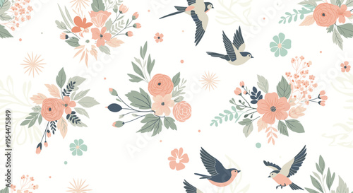 Gentle seamless pattern with flying birds and beautiful bouquets of flowers in soft pastel colors on a white background.