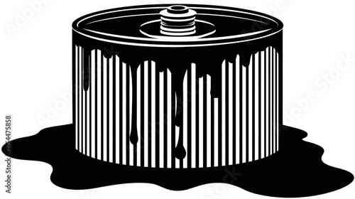 Black and white illustration of a leaking can of something, with vertical stripes