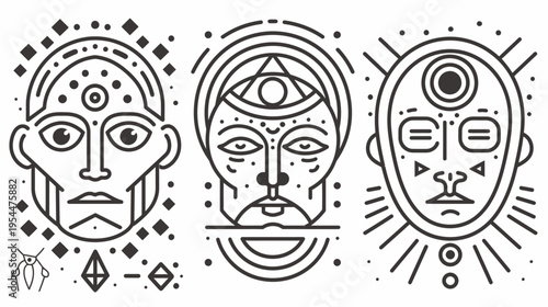Three outlined abstract faces with geometric designs, black on white, mystical/spiritual vibe