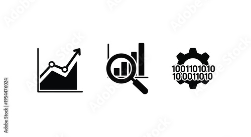 Business analytics icons depicting growth analysis and digital technology silhouette