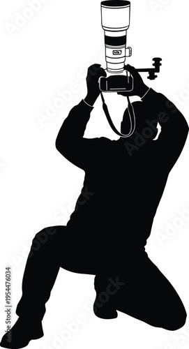 PrintSilhouette of a professional photographer kneeling while holding a DSLR camera with a large telephoto lens