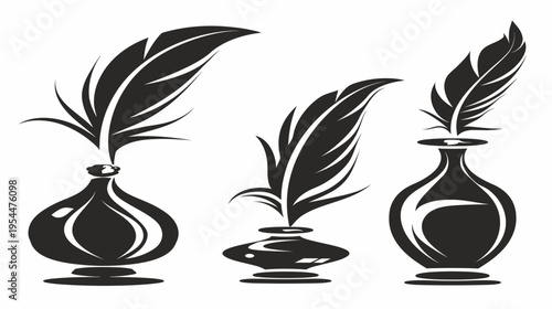 Three inkwells, each holding a feather, in a black silhouette against a white background