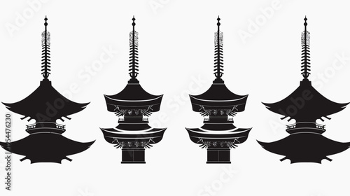 Four pagoda silhouettes, intricate details, stacked roofs, traditional, black on white