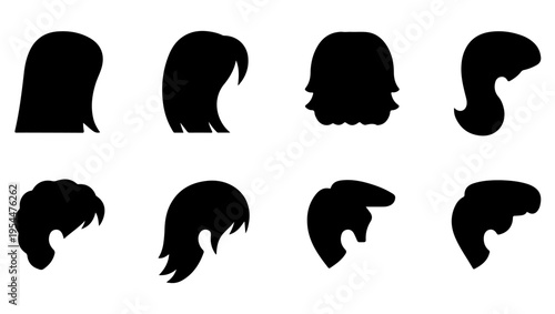 Variety of black silhouette hairstyles displayed in a simple grid arrangement