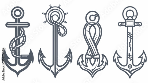 Line art of four different anchor designs with nautical rope and wheel elements