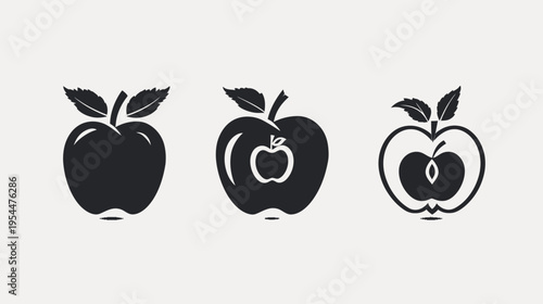 Three apple icons with leaves, in varying styles on a light gray background