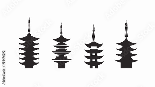 Four black silhouette variations of multi-tiered Asian-style pagodas on a white background