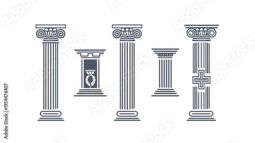 Five stylized columns on a white background, reminiscent of classical architecture