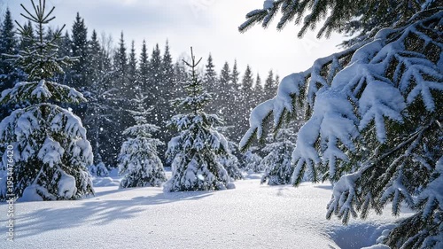 Snowy forest with pine trees covered.