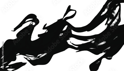 Abstract black liquid ink splashes form dynamic, interwoven, chaotic shapes against white.