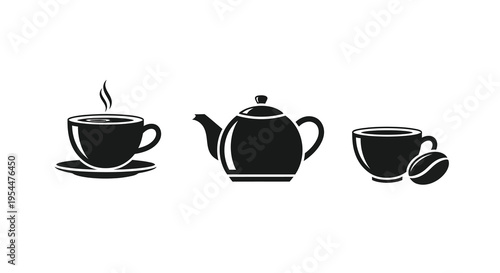 Black coffee pot cup and beans in a minimalist silhouette