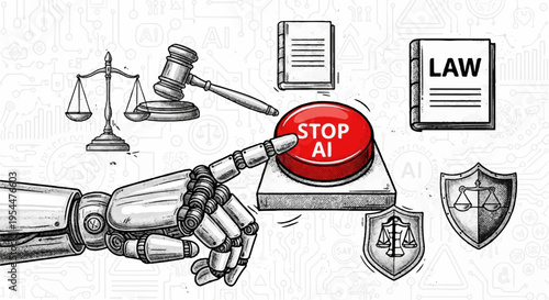 Robot hand stopping ai button with law and justice symbols around