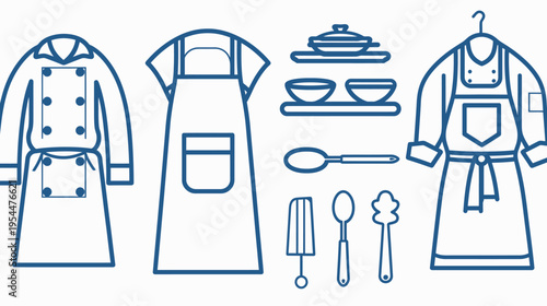 Culinary icons of chef coats, aprons, bowls, spoons, and cooking utensils, outlined in blue