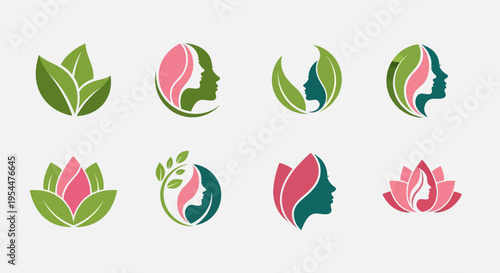 Natural Beauty Logo Set – Leaf Face Woman Eco Skincare Vector Collection
