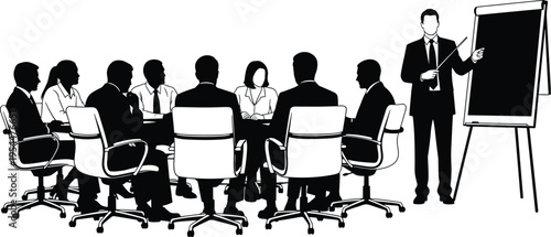 Business meeting presentation with team silhouettes around conference table, corporate discussion concept