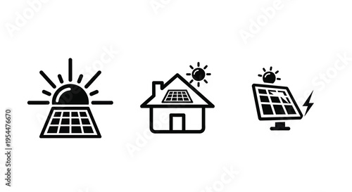 Solar energy icons depicting sun house and panel a silhouette