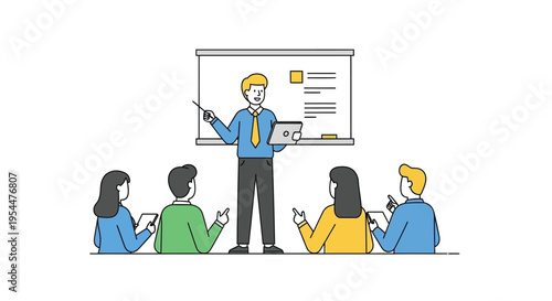 Vector illustration of business team meeting or classroom with teacher and students