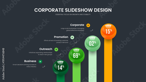 Financial Development 4 Step Diagram Slide Layout. Advertising Launch Four Element Graph Frame Design. Medical Planning Slideshow Template Vector Illustration.