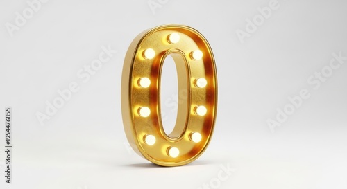 A golden, illuminated number zero stands prominently against a white background. The number features a circular shape with multiple small, glowing lights arranged around its perimeter.