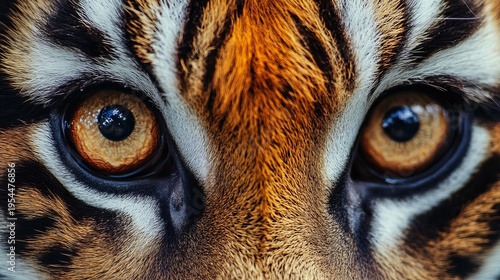 Red tiger face close up with striking big eyes and intense gaze