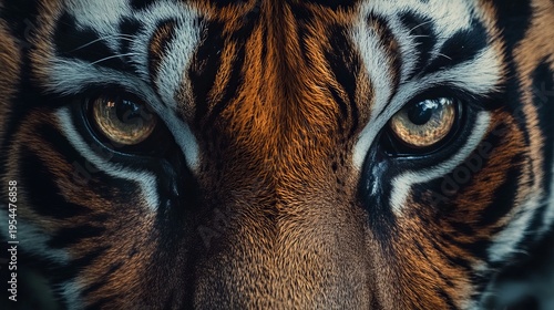 Red tiger face close up with striking big eyes and intense gaze