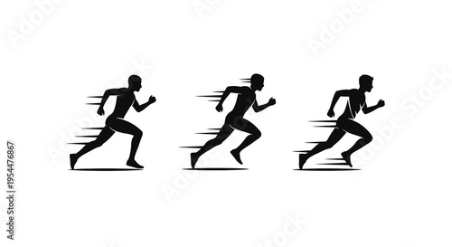 Three runners in motion depicted as a striking black silhouette