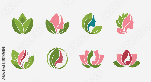 Natural Beauty Logo Set – Leaf Face Woman Eco Skincare Vector Collection