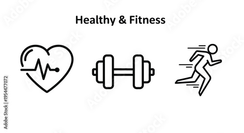 Icons representing health fitness and exercise in a linear silhouette