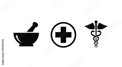 Medical icons including a mortar medical cross and caduceus silhouette