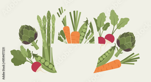 Minimalist Illustration of a Grocery Shopping Bag Created with Negative Space and Fresh Organic Vegetables like Carrots, Asparagus, Radishes, and Artichokes