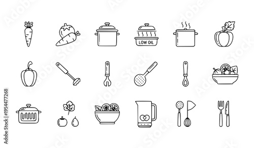 Healthy kitchen icon pack vector set with vegetables, steaming pot, and diet cooking tools