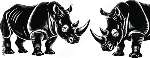 Two majestic rhinoceros standing together in black and white woodcut style linocut illustration isolated on white background for wildlife conservation and nature design concepts