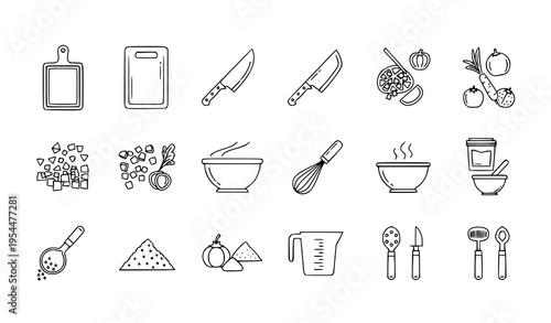 Food preparation outline icon set with cutting board, knife skills, and mixing bowl