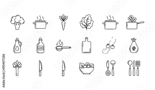 Healthy cooking outline icon set with vegetables, steaming pot, and low-oil kitchen tools