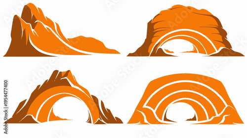 Four orange mountain icons with archways, various shapes against a white background