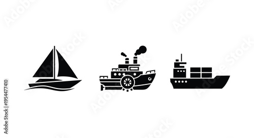 Three different boat types displayed as a striking black silhouette