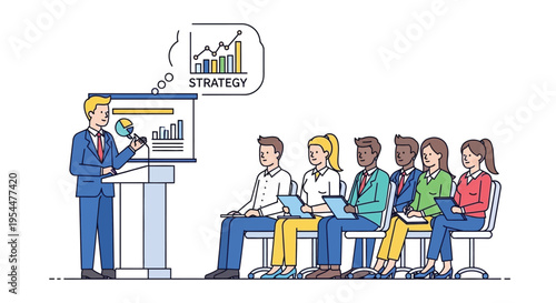 Vector illustration of business people in meeting with strategy presentation